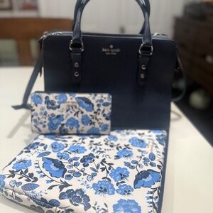 Kate Spade Navy Handbag with Coordinating Floral wallet and laptop sleeve